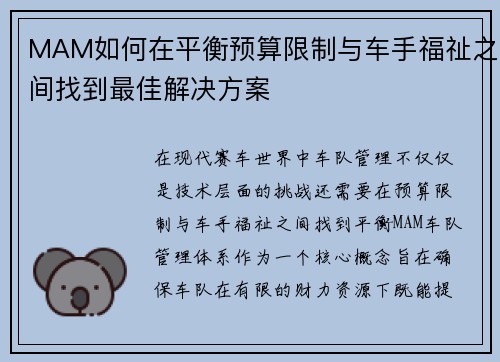 MAM如何在平衡预算限制与车手福祉之间找到最佳解决方案